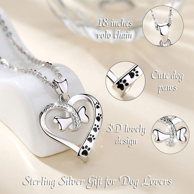 EUDORA 925 Sterling Silver Necklace Cute Dog Paws with Bone, Heart Shape Pendant 18", Gift for Dog Owner - Image 3